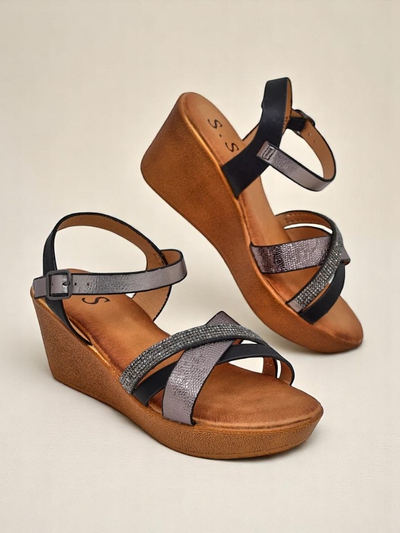 Royalfashion Damen-Wedgesandalen mit Strasssteinen und Glitzer Glittera
