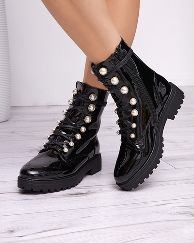 Schwarz lackierte Damenstiefel mit Redias-Perlen - Schuhe