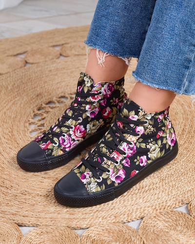 Royalfashion Women's High Black Floral Sneakers Soxic