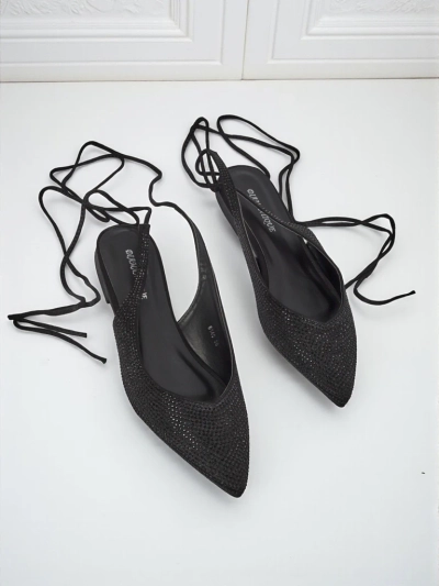 Sandały Damiane Nero - Schwarze Ballerinas zum Schnüren aus Stoff, flacher Absatz