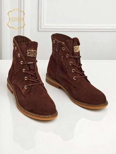 Aurelia Braune Wildleder Stiefeletten mit Fell Durchbrochen Elegant 2,5cm