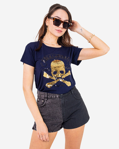 Marineblaues Damen-T-Shirt mit Pailletten und Aufschriften - Kleidung