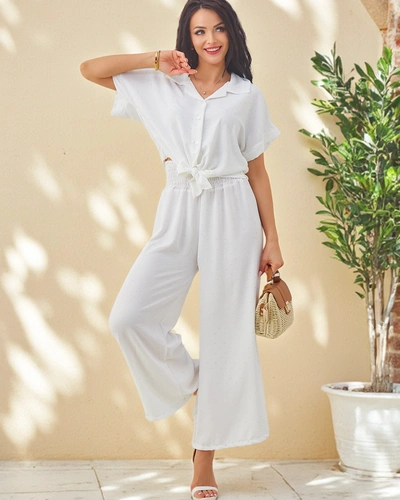 Royalfashion Damen Set mit einem gebundenen Kurzarmhemd und ausgestellten Hosen mit Strasssteinen