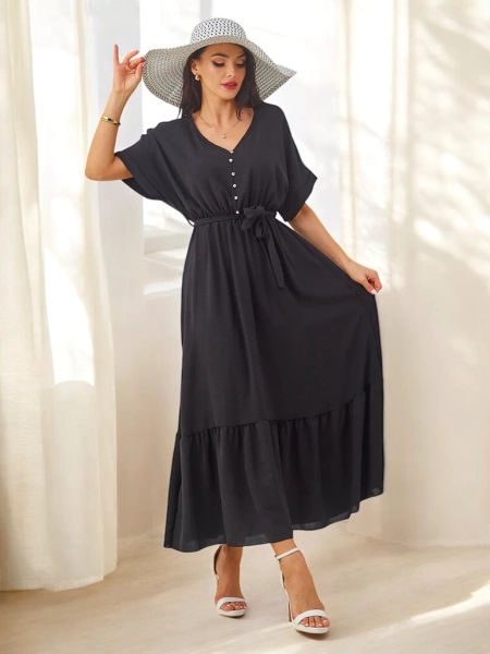 Royalfashion Damen-Midikleid mit kurzen Ärmeln und dekorativen Knöpfen