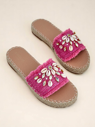 Damen Pantoletten Royalfashion Callista Fuchsia auf Plateau mit Muscheln