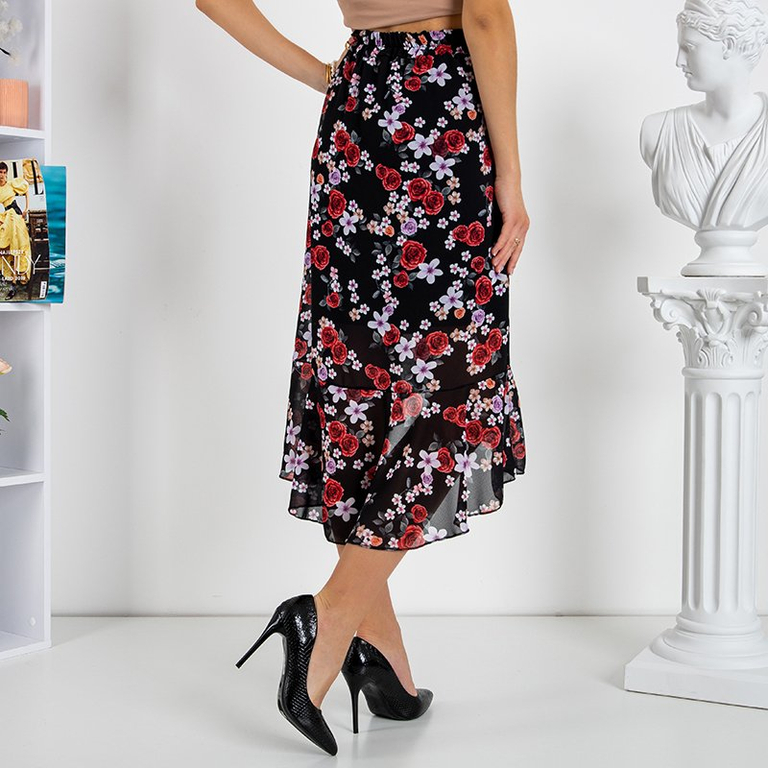 Schwarzer asymmetrischer Rock mit rotem Blumendruck - Kleidung