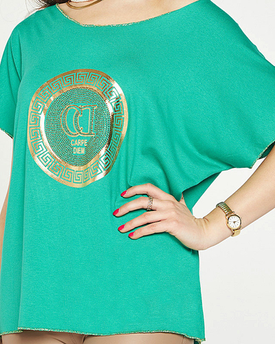 Grünes Damen-T-Shirt mit Golddruck und Zirkonia - Kleidung