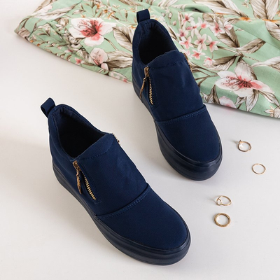 Dunkelblaue Damenbrogues auf einem Indoor-Keilabsatz mit goldenen Reißverschlüssen Leonita - Footwear