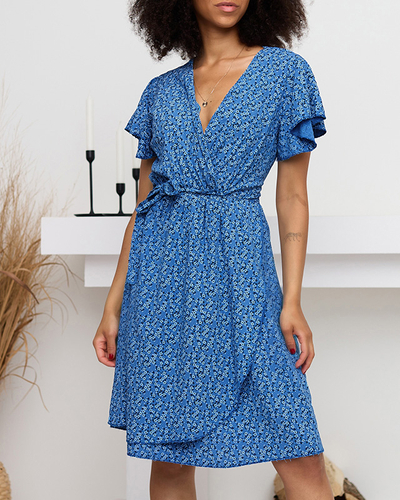 Dunkelblaues ausgestelltes Blumenkleid für Damen - Kleidung