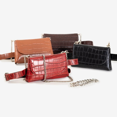 Коричнева жіноча поясна сумка із тисненням під зміїну шкіру - Сумки