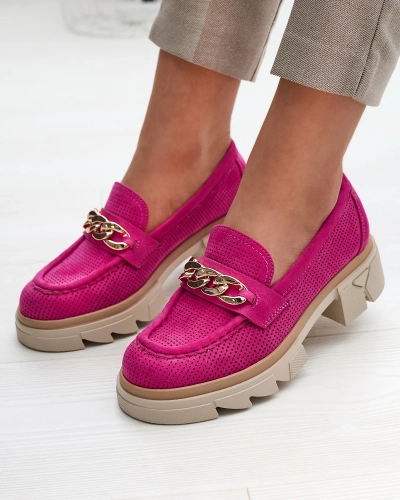 Royalfashion Öko-Wildleder Mokassins mit Goldverzierung in fuchsia Zaffix