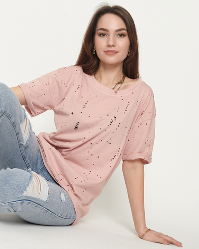 Damen-T-Shirt aus Baumwolle mit dekorativen Löchern in Pastellrosa - Bekleidung