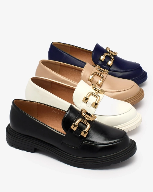 Жіночі мокасини Royalfashion темно-синього кольору з золотистим декором Aderica