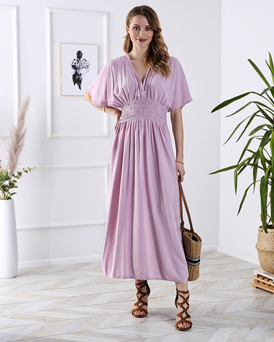 Rosa langes Damenkleid mit Umschlagausschnitt - Kleidung