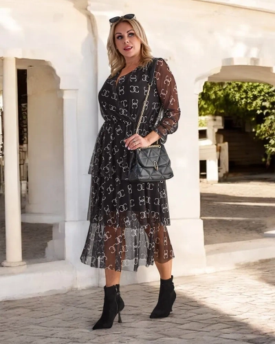 Royalfashion Schwarzes Midikleid aus Mesh mit Print