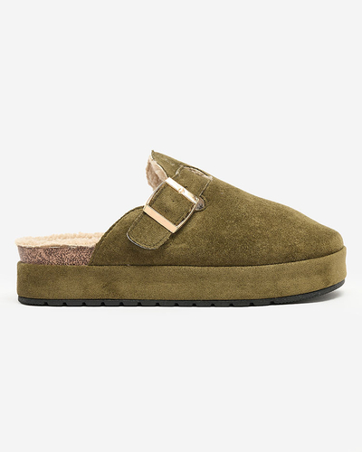 Royalfashion Damenpantoffeln mit Schafsfell und Schnalle Kajis