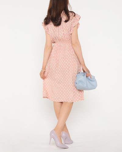 Hellrosa Damenkleid mit gebundenem Polka-Dot-Ausschnitt - Bekleidung