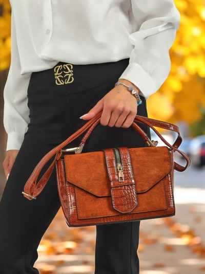 Damen Handtasche Hera Marrone braunes Öko-Leder Wildleder Retro Schultertasche