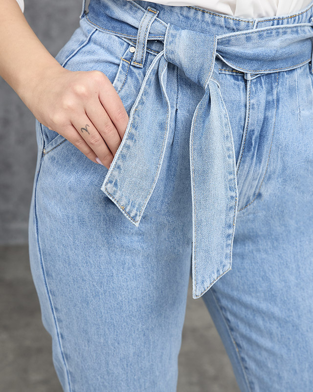 Blaue Mom-Jeans Paperbag mit hoher Taille - Kleidung