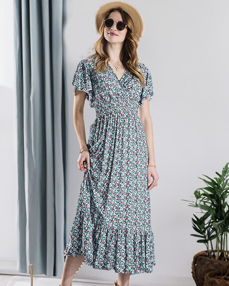 Damen Midikleid mit Blumenmuster in Blau- Kleidung