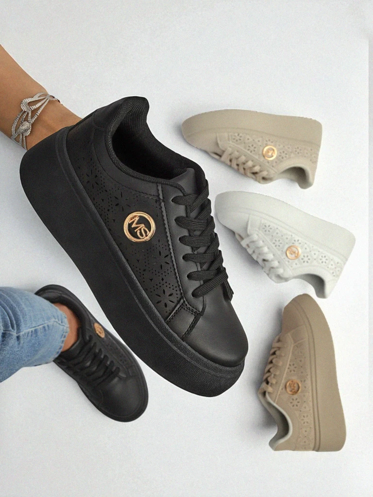 Damen Plateau Sneakers Perseida Royalfashion Schwarz Öko-Leder