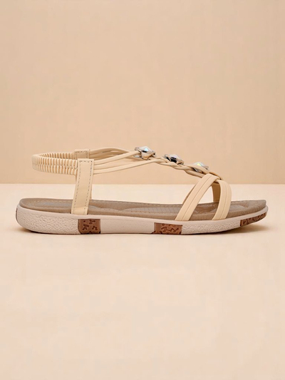 Royalfashion Bellona Damen Sandalen beige mit Zirkonia auf Plateau