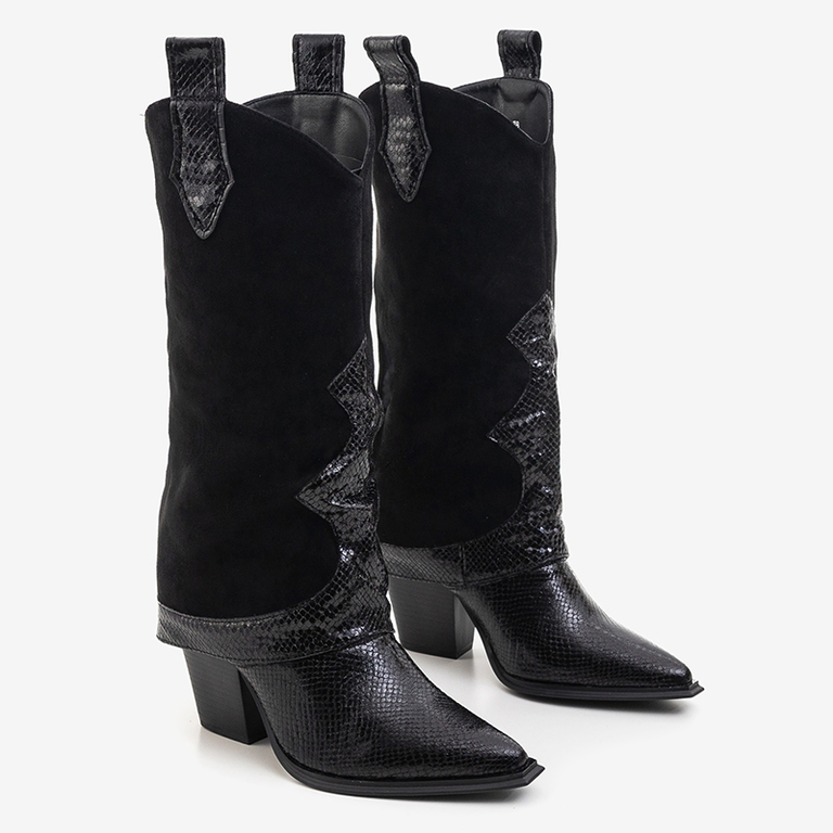 Schwarze Stiefel mit verziertem Obermaterial a'la Schlangenhaut Wica- Schuhe
