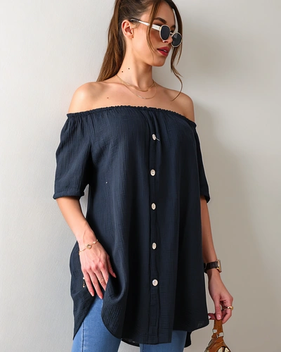 Royalfashion Baumwolle Damenbluse inspiriert vom spanischen Stil mit dekorativen Knöpfen