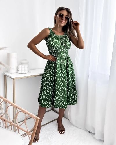 Knielanges Damenkleid mit Print in Dunkelgrün- Kleidung