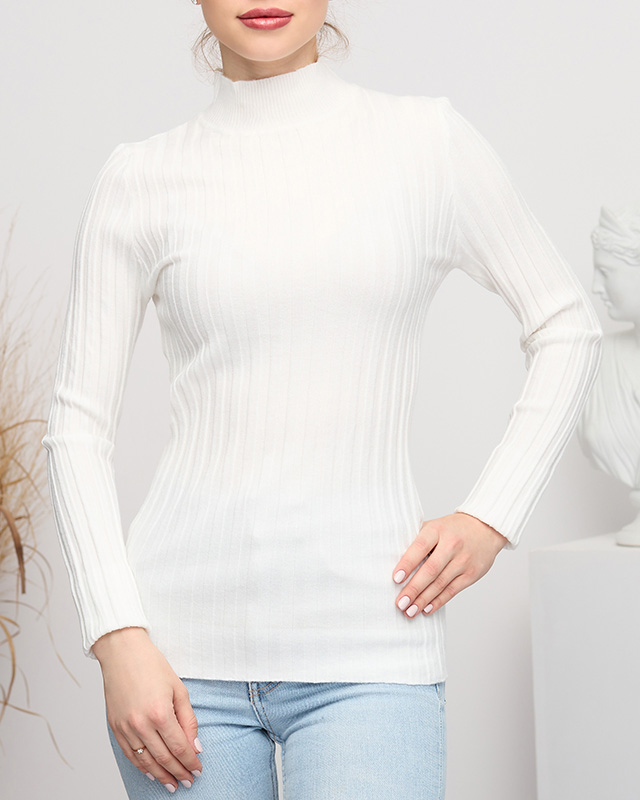 Cremefarbener Damen-Ripppullover mit Stehkragen - Bekleidung