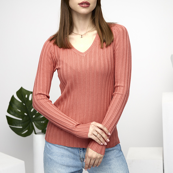 Korallenroter Rippenpullover für Damen - Kleidung