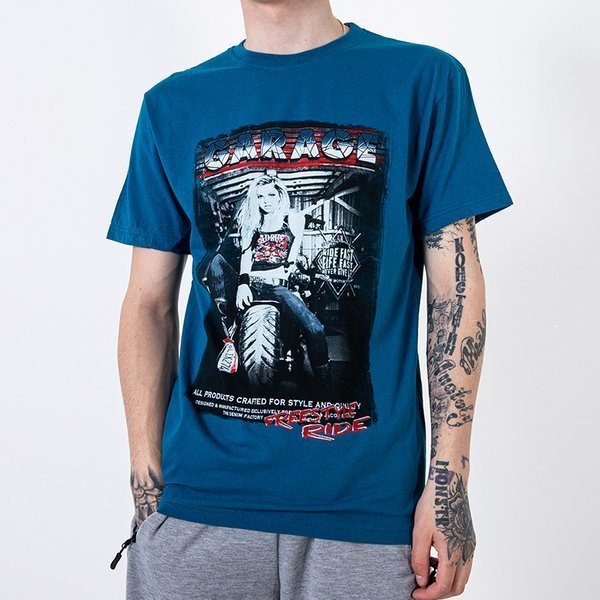 Türkisfarbenes Herren-T-Shirt aus Baumwolle, verziert mit dem Aufdruck und der Aufschrift - Kleidung