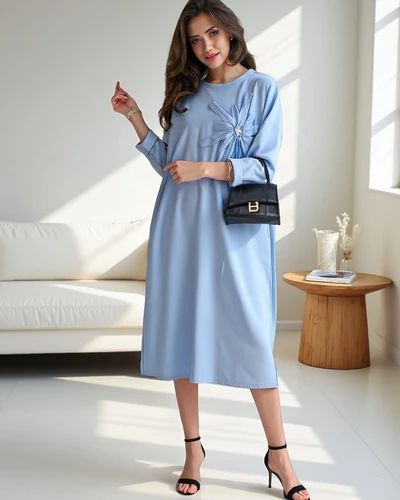 Royalfashion Damen-Midikleid, übergrober Stoff mit einer Blume