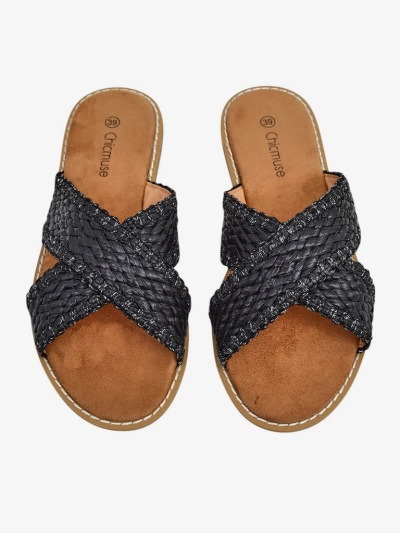 Damen-Sandalen Calista Nero flach, schwarzes Geflecht, Öko-Leder