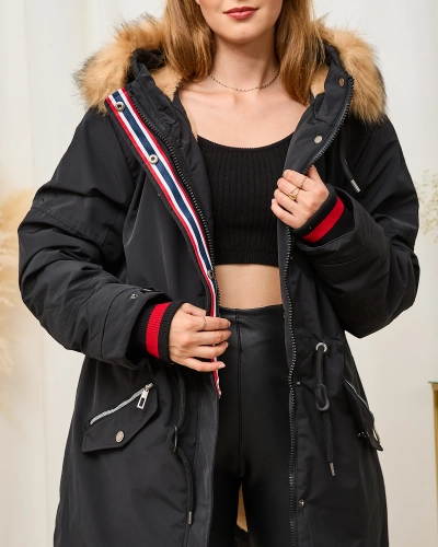 Schwarze Damen-Winterjacke mit elastischem Bund - Kleidung