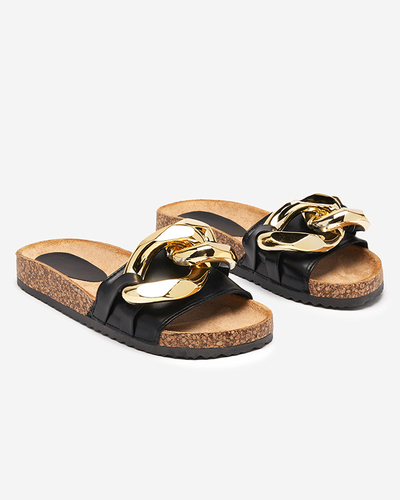 Sommerliche Ariadne Royalfashion Pantoletten mit großer goldener Kette, schwarzes Leder