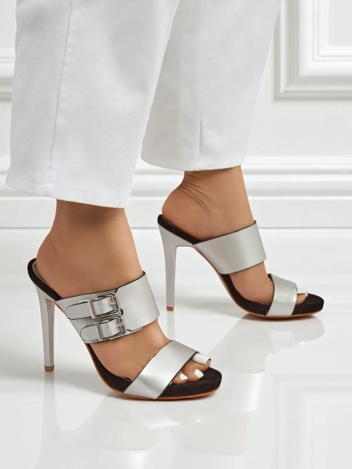 Босоніжки Aletheia срібні на шпильці 12см екошкіра з ремінцями