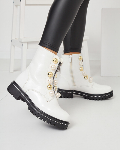 OUTLET Weiße Damen-Bagger-Stiefel mit Perlen Cedirao - Schuhe