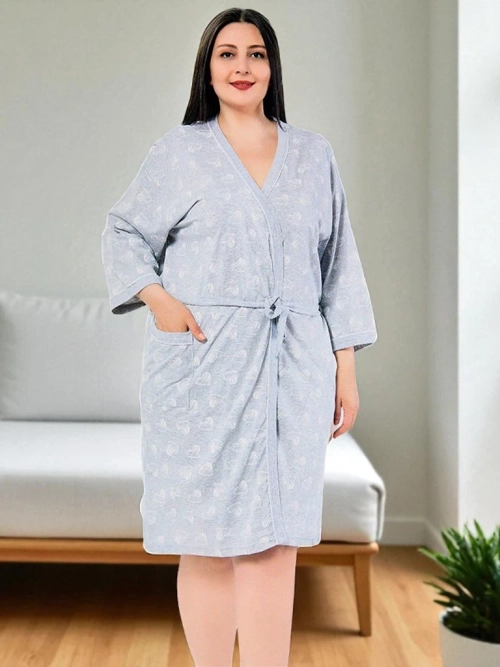 Халат жіночий бавовняний світло-сірий з сердечками PLUS SIZE - Одяг