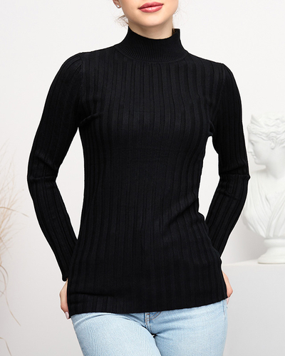 Schwarzer gerippter Damenpullover mit Stehkragen - Kleidung