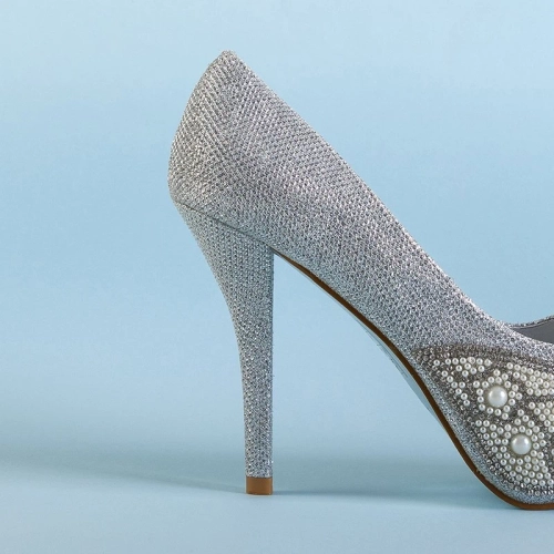 OUTLET Срібні блискучі жіночі високі підбори з фіанітом і перлинами Mira - Взуття
