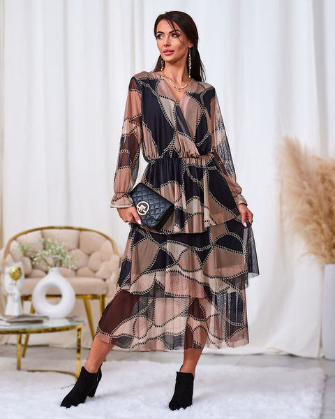 Royalfashion Schwarzes und hellbraunes Midikleid aus Mesh mit Print