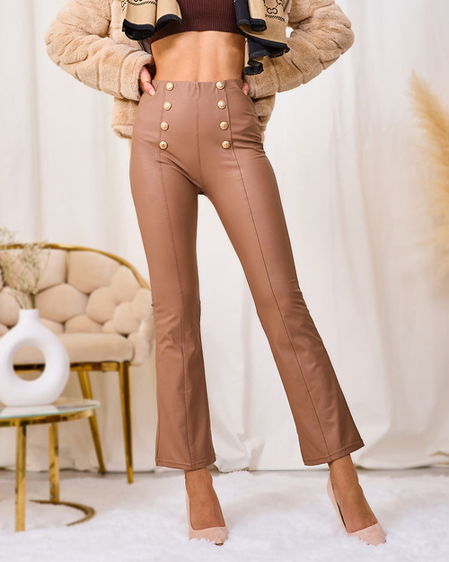 Лосини Royalfashion Коричневі жіночі з екошкіри із золотими ґудзиками