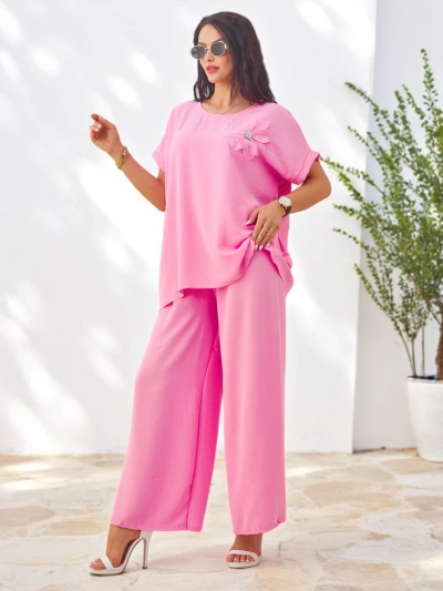 Royalfashion Damen Set mit kurzen Ärmeln und dekorativem Blumenmuster sowie weitem Hosen