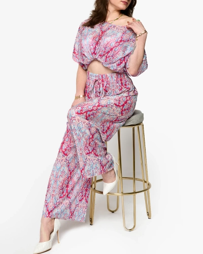 Fuchsia-blaues geripptes Damenset mit Druck- Kleidung