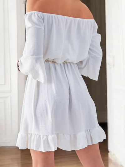 Royalfashion Damen-Minikleid schulterfrei mit langen Ärmeln und Strasssteinen