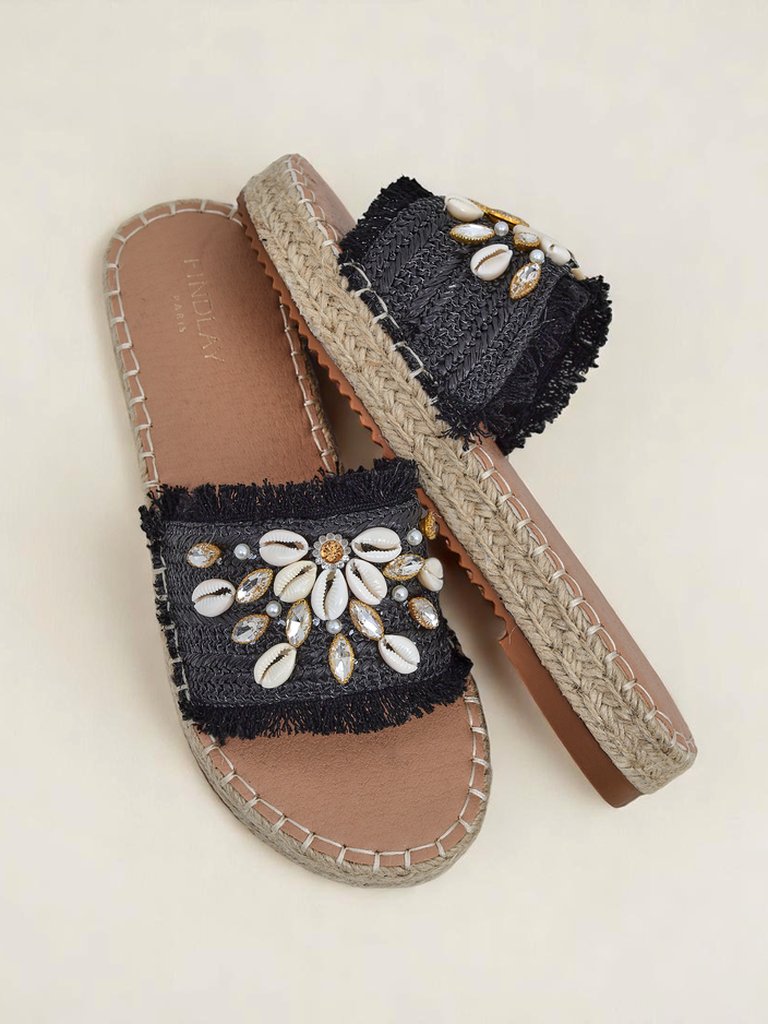 Damen Sandalen Royalfashion Helena Decor schwarze Espadrilles mit Muscheln