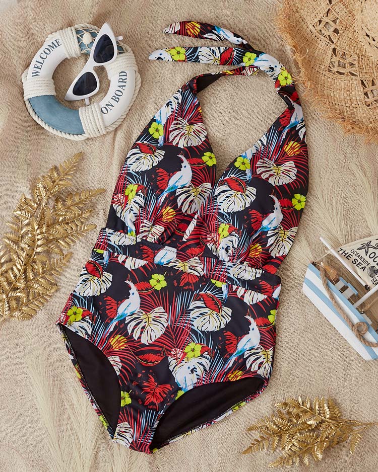 Gemusterter einteiliger Damen-Badeanzug in Schwarz und Gelb - Kleidung