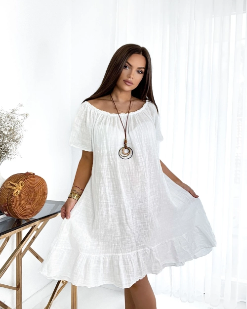 Royalfashion Біла жіноча коротка сукня з намистом