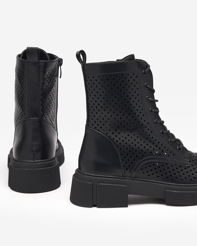 Schwarze durchbrochene Damenstiefeletten mit flachem Absatz Rolika - Footwear
